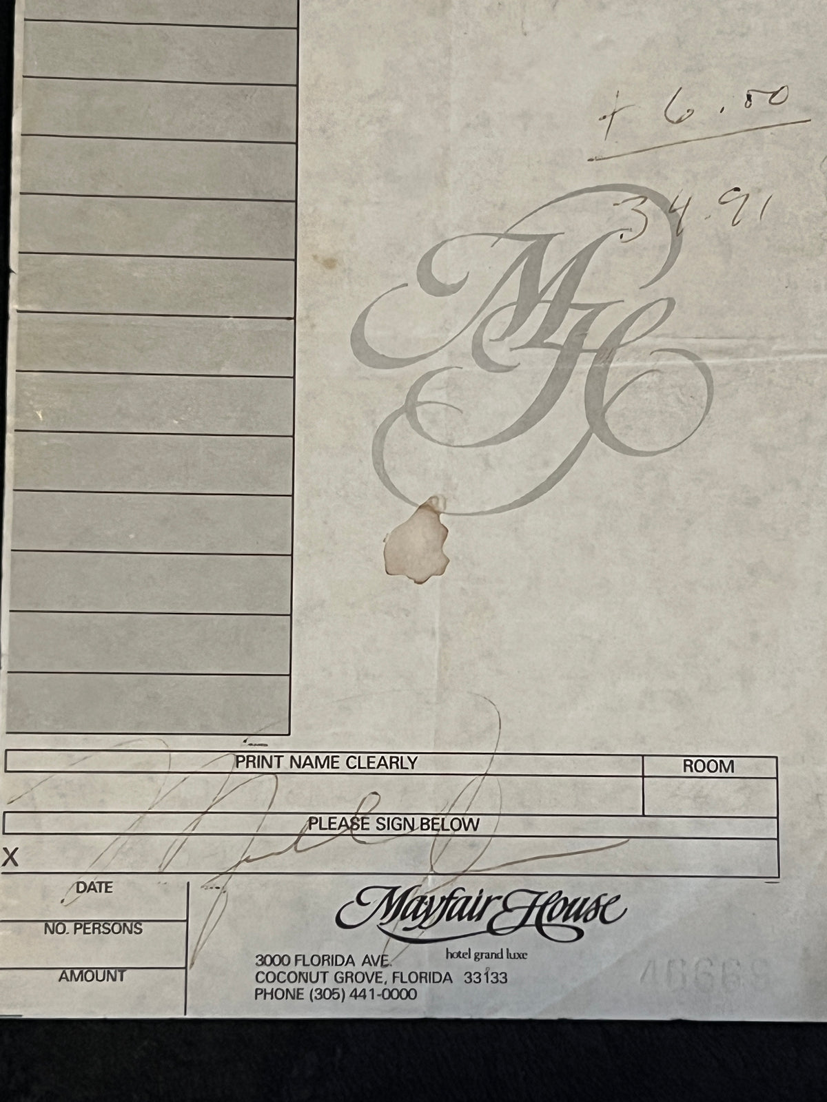 Michael Jordan signed Vintage Mayfair House suite service/mini-bar Receipt with Additional MJ Handwriting (tip and total)