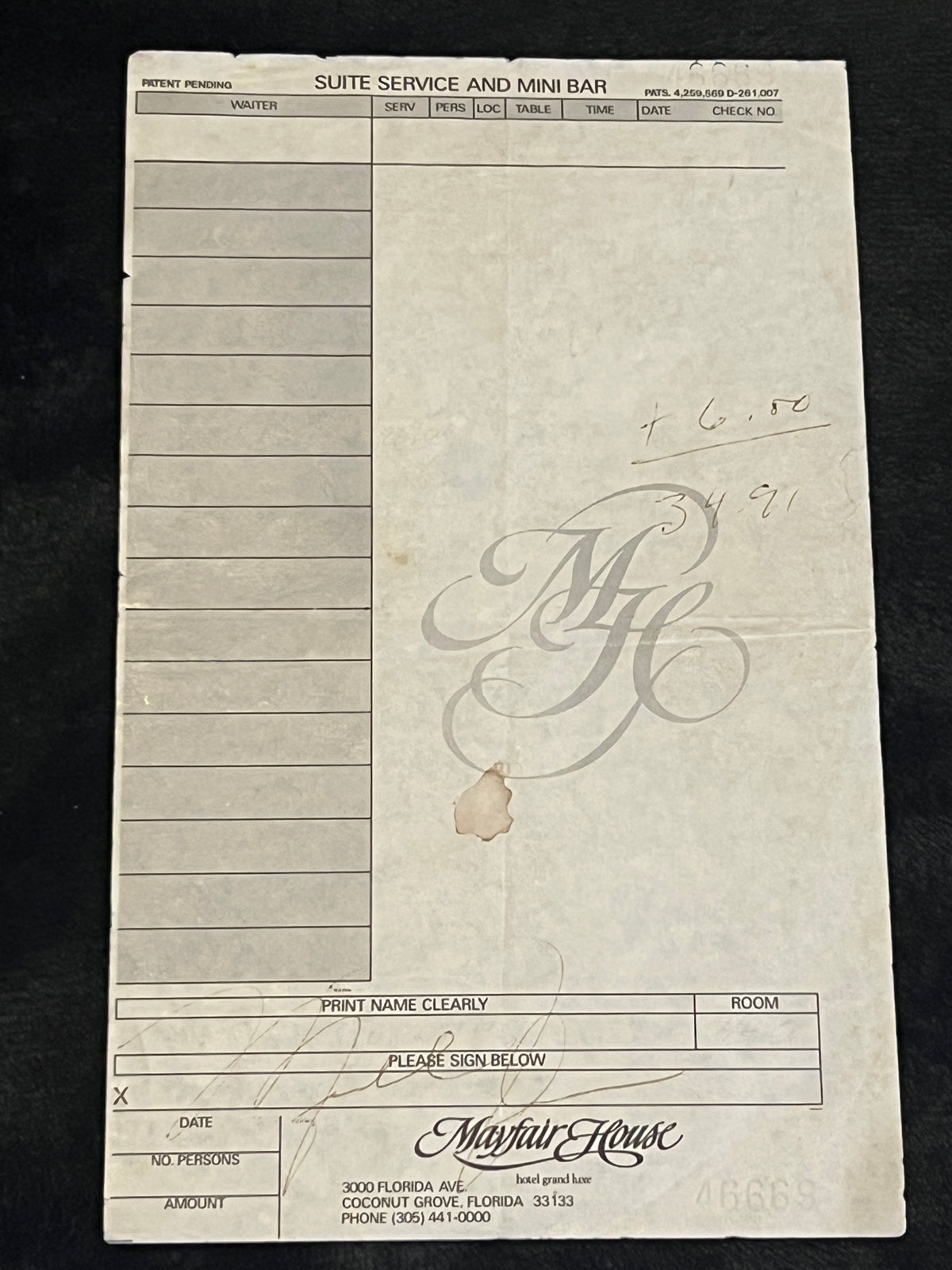Michael Jordan signed Vintage Mayfair House suite service/mini-bar Receipt with Additional MJ Handwriting (tip and total)