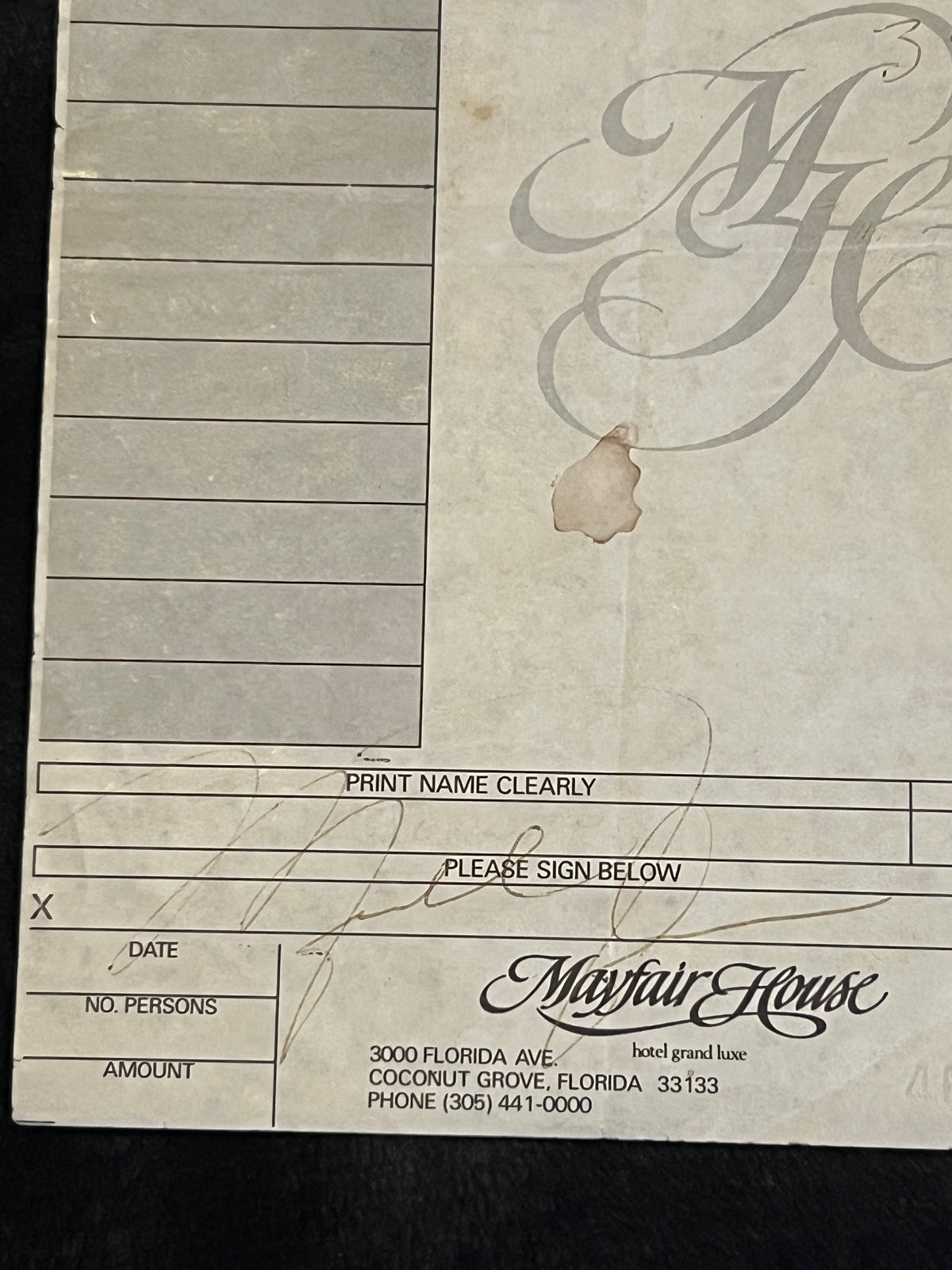 Michael Jordan signed Vintage Mayfair House suite service/mini-bar Receipt with Additional MJ Handwriting (tip and total)